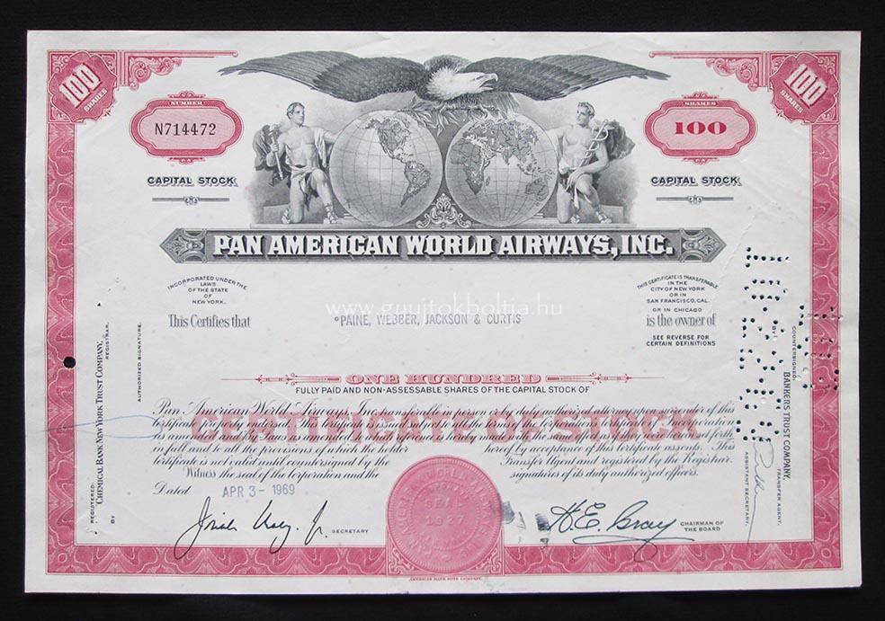 Pan American World Airways (Pan Am) 100 részvény 1969
